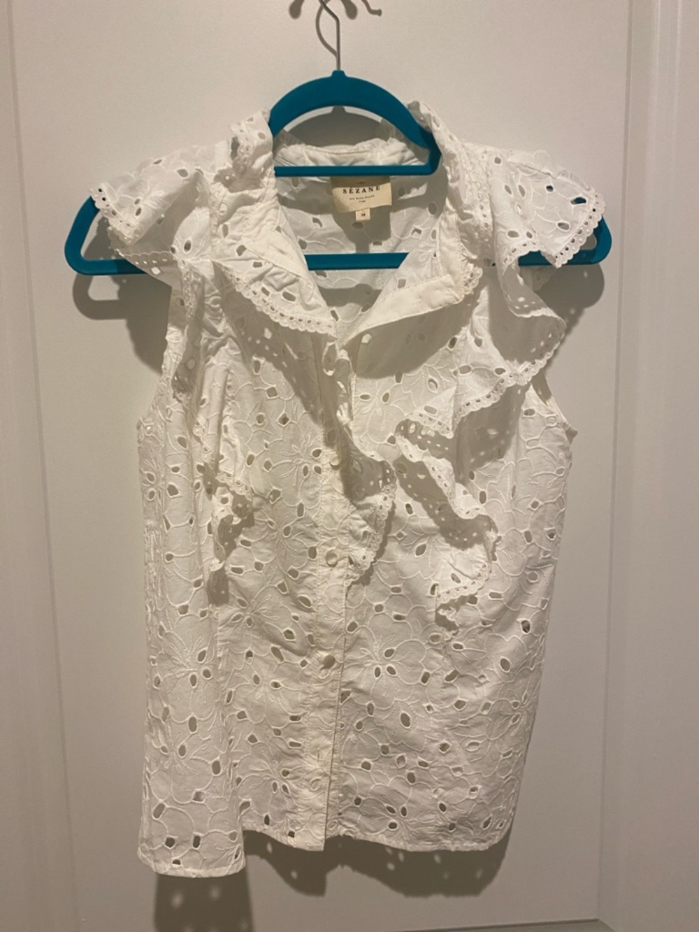 Sezane White Sleeveless Eyelet Ruffle Button-Front Top